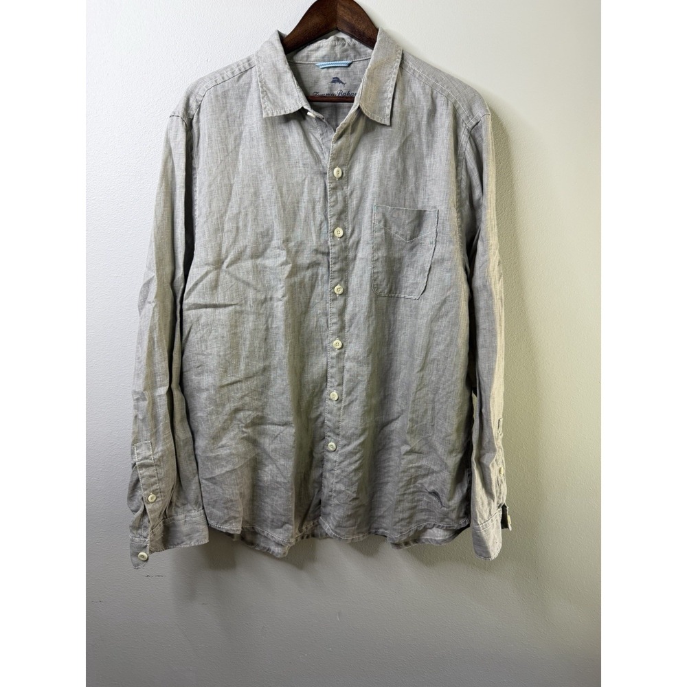 Tommy Bahama Button-Up Shirt Men Large Solid Beige Linen Woven Pockets Marlin LS